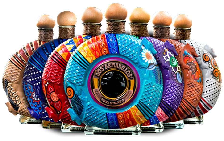 Dos Armadillos Tequila PAINTED CLAY BOTTLES.