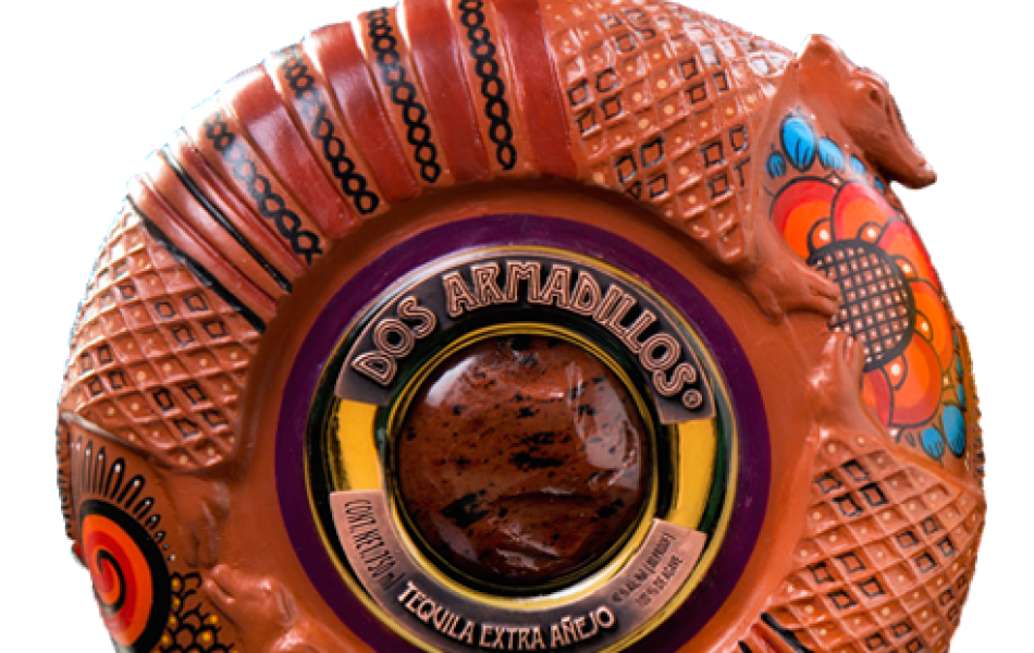 Dos Armadillos Tequila PAINTED CLAY BOTTLES.